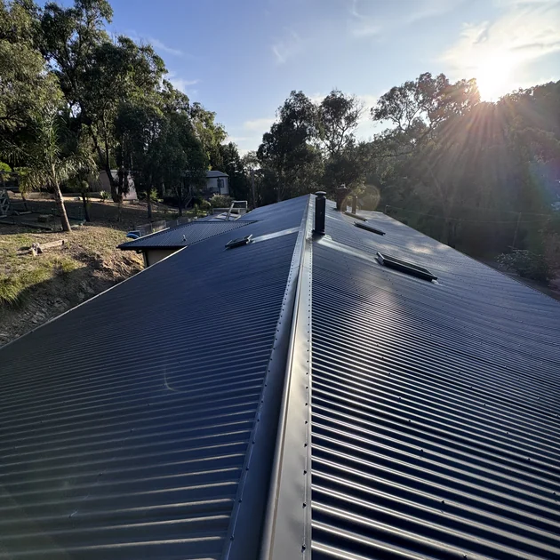 Finished dark Colorbond roof catching late afternoon light in Melbourne