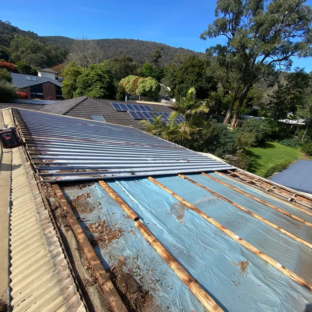 Old roof sheeting stripped back to battens during a Melbourne re-roof
