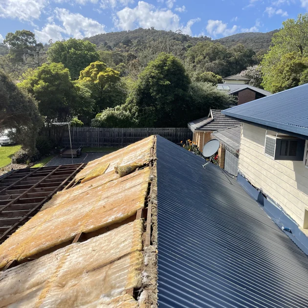 Roof opened up to battens showing the structure a skylight must be framed into